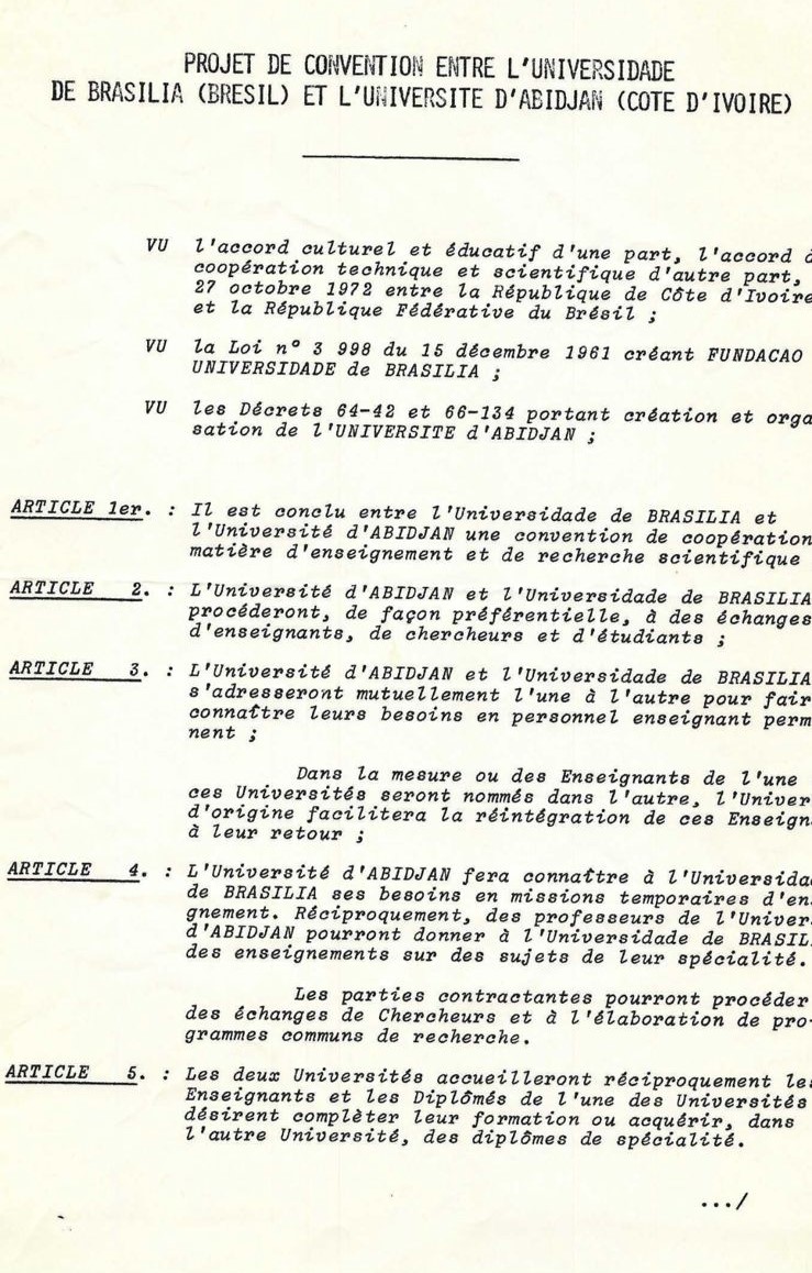 Projet de convention entre l’Université de Brasília et l’Université d’Abidjan signé en 1976. ©Jonathan Bohe