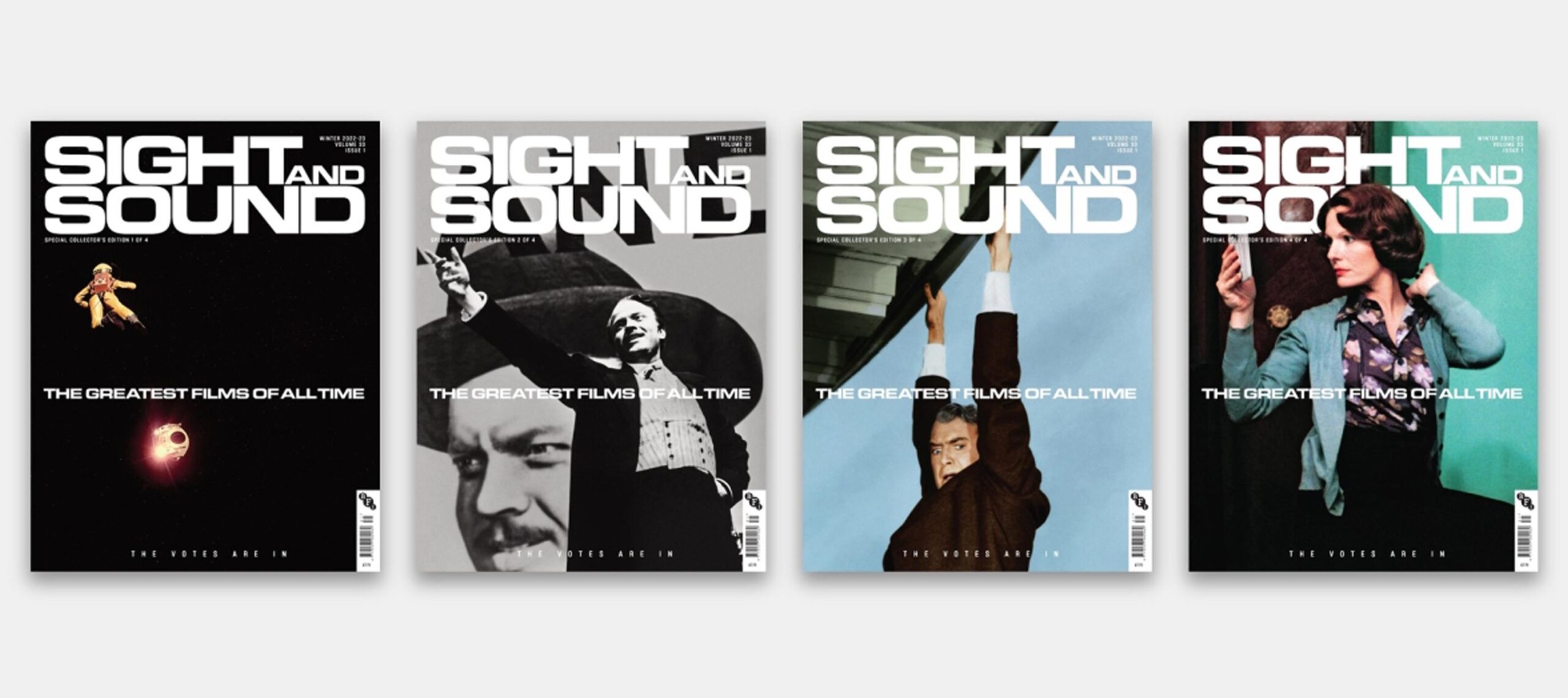 Some of the covers of Sight and Sounds for The Greatest Films of All Time (from left to right): 2001: A Space Odyssey by Stanley Kubrick, Citizen Kane by Orson Wells, Vertigo by Alfred Hitchcock, Jeanne Dielman, 23 quai du Commerce, 1080 Bruxelles by Chantal Akerman. © British Film Institute| BFI Shop
